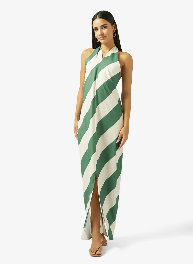 جينجر Halter Neck Stripe Dress with Slit
